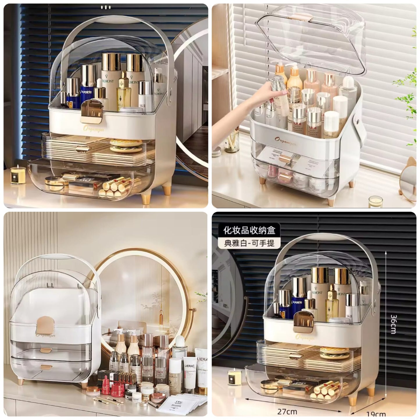 White-Gold Cosmetic Organizer with Dustproof Dome & Drawer Storage