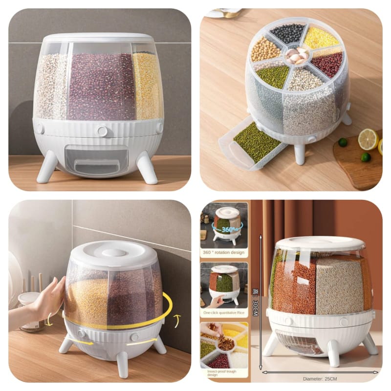 Cereal Dispenser 6 Grid – Large Capacity 6KG 360° Rotating Food Storage Container